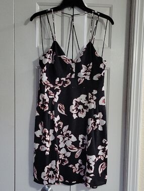 Express Strappy Black Slip Dress with Pink & White Floral Print